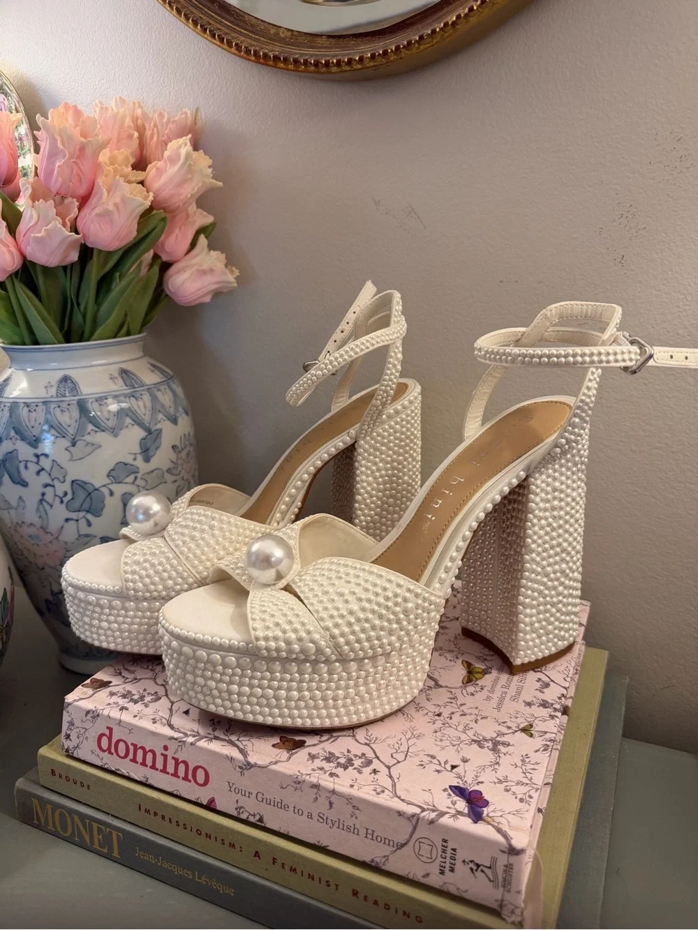 Gianni Bini Pearl-Embellished Ivory Platform Heels